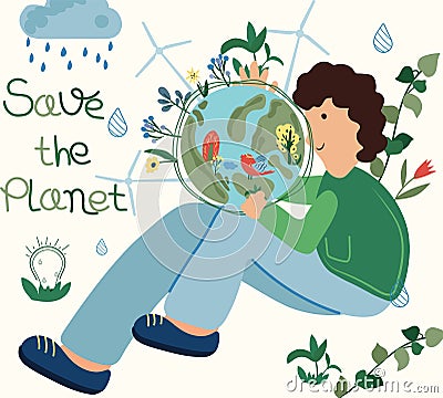 Nature as a source of energy for man. The concept of saving the planet, environmental ecology, lifestyle. Green planet Vector Illustration