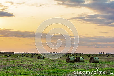 Nature background. Bales of straw on the autumn meadow during wonderful sunset times Stock Photo