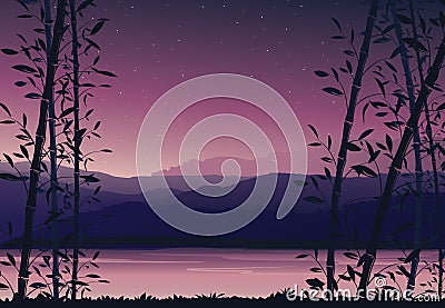 Nature background with bamboo, Colorful sunset, scenery landscape wallpaper Vector Illustration