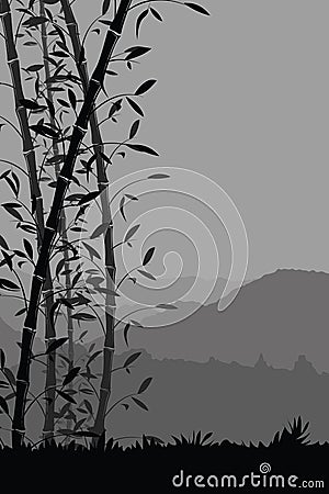 Nature background with bamboo portrait view. Black and white scenery mobile wallpaper Vector Illustration