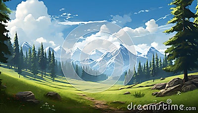 Nature background beautiful landscape. Panoramic view of big mountains, beautiful green meadows. Travel posters. Natural park or Cartoon Illustration