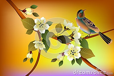 Nature background with blossom branch of pink sakura flowers. Vector Illustration