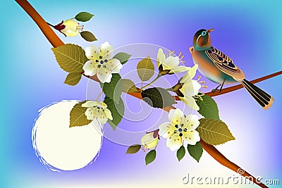 Nature background with blossom branch of pink sakura flowers. Vector Illustration