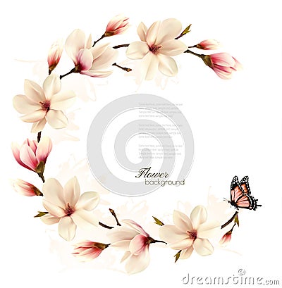 Nature background with blossom branch of white magnolia Vector Illustration