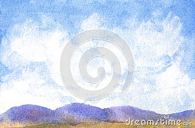 Nature background blue sky and abstract clouds, simple hills watercolor horizontal painting Stock Photo