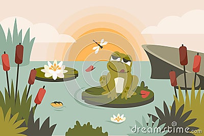 Nature background with frogs, foliage, reed, rocks, lotus, flying insects, wildlife. Cute toads siiting on leaf in pond. Cartoon Vector Illustration
