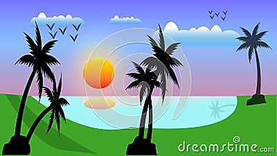 Natural sunset vector green and sky background Vector Illustration