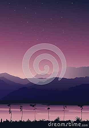 Nature background portrait view. Mountain with river under pink sky with stars Vector Illustration