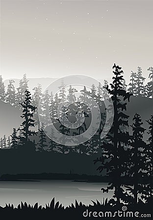 Nature background with river, tree and mountain. Fog and snow on mountain, portrait view wallpaper Vector Illustration