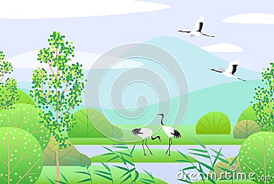 Simple Spring Lanscape with Japanese Cranes Vector Illustration