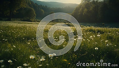 Nature beauty meadow, forest, mountain, sunset, sunrise, water, wildflower, leaf generated by AI Stock Photo