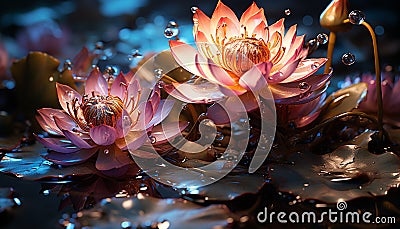 Nature beauty: vibrant flowers bloom, reflecting tranquility in a pond generated by AI Stock Photo