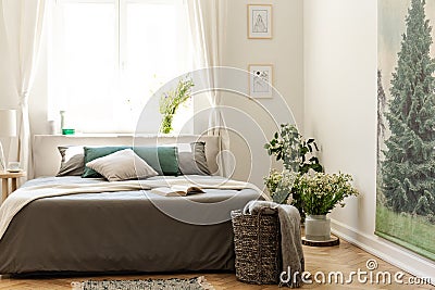 Nature bedroom interior in earth colors with a bed on a wooden floor, an evergreen tree poster on the wall and a bright window in Stock Photo