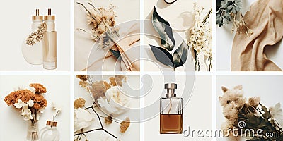 Nature bouquet perfume vintage collage art romantic set space copy flower bottle Stock Photo