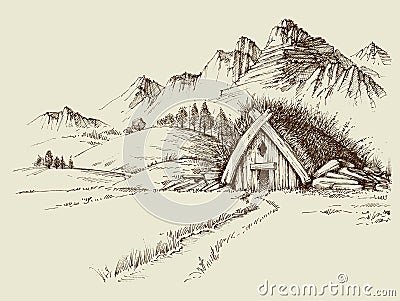 Nature camping, mountain hut Vector Illustration