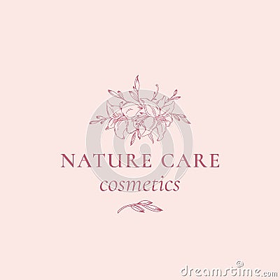 Nature Care Cosmetics Abstract Vector Sign, Symbol or Logo Template. Hand Drawn Retro Lilly Illustration with Classy Vector Illustration