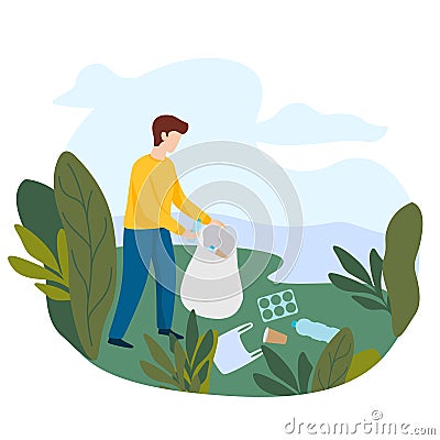 Nature cleanup concept. Volunteer picking up litter. Man clears the riverside Cartoon Illustration