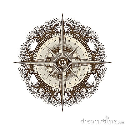 Nature Compass in Unique Tree Mandala Wind Rose Vector Illustration