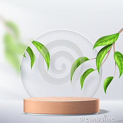 Nature display background, 3d wooden podium with green branches. White empty product stand, premium floor stage, leaf Vector Illustration
