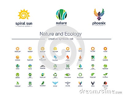 Nature and Ecology creative symbols set. Organic products, green leaf, eco friendly abstract business logo concept. Bird Vector Illustration