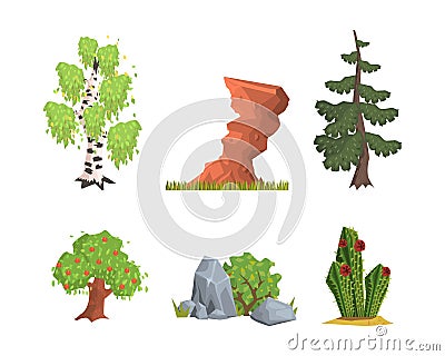 Nature Element with Fir, Fruit Tree, Cactus, Boulder and Birch Vector Set Stock Photo