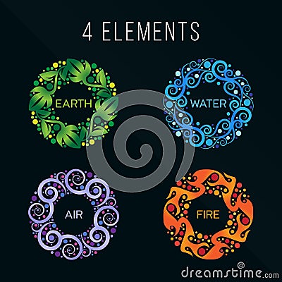 Nature 4 elements circle abstract sign. Water, Fire, Earth, Air. on dark background. Vector Illustration
