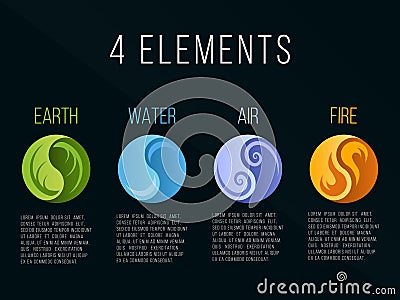 Nature 4 elements in circle yin yang abstract icon sign. Water, Fire, Earth, Air. on dark background. Vector Illustration