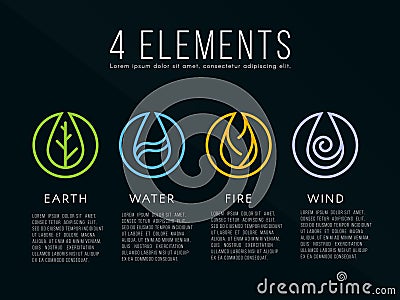 Nature 4 elements logo sign. Water, Fire, Earth, Air. on dark background. Vector Illustration