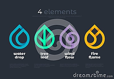 Nature elements. Water, Fire, Earth, Air. Gradient logo on dark background. Alternative energy sources line logo. Eco logo Vector Illustration