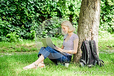 Nature essential wellbeing and ability be productive. Girl work with laptop in park. Reasons why you should take your Stock Photo