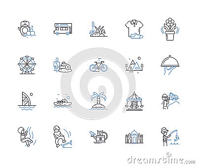 Nature excursion line icons collection. Hike, Trek, Camping, Wilderness, Forest, Mountains, Waterfall vector and linear Vector Illustration