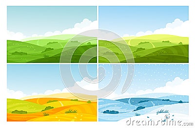 Nature field landscape in four seasons set, cartoon summer spring autumn winter scenes Cartoon Illustration