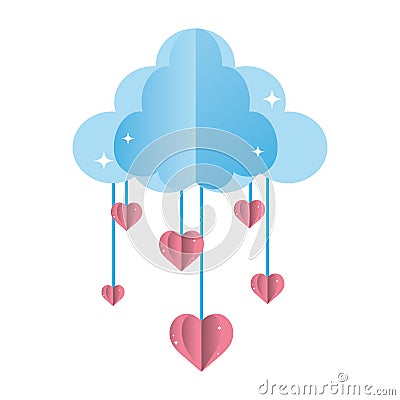 Nature fluffy cloud and hanging hearts Vector Illustration