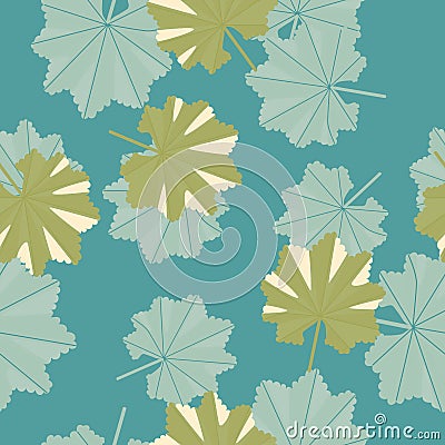 Nature foliage seamless pattern with random tropic leaves shapes. Turquoise background. Simple style Cartoon Illustration