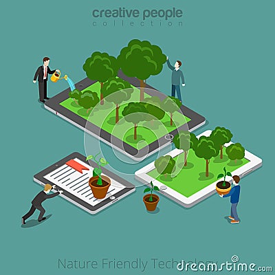 Nature Friendly Technology 3d Isometric flat man Vector Illustration