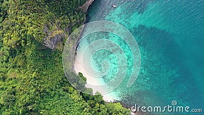 Nature of green island beach with boat on sea aerial view. Nature of green island beach with boat on sea from aerial view. Tropical seashore with calm turquoise stock video footage Nature of green island beach with boat on sea aerial view. Nature of green island beach with boat on sea from aerial view. Tropical seashore with calm turquoise stock video footage