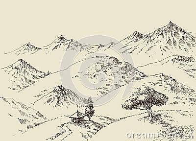 Nature drawing, mountains ranges sketch Vector Illustration