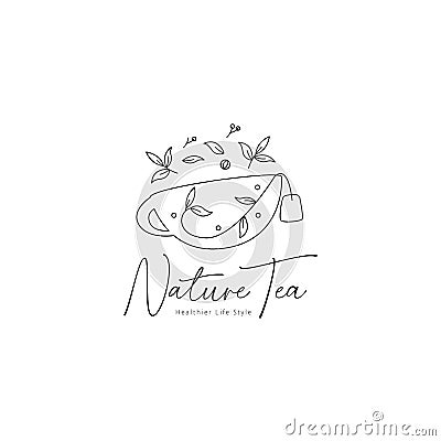 Nature herbal tea logo with leaf and flower decoration vector icon symbol elegant rustic style Vector Illustration