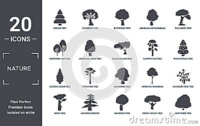 nature icon set. include creative elements as spruce tree, pin cherry tree, slippery elm tree, sassafras eastern hemlock eastern Vector Illustration