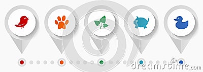 Nature icon set, miscellaneous pointer icons such as bird, animal, leaf, pig and duck for webdesign and mobile applications, flat Vector Illustration