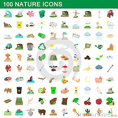 100 nature icons set, cartoon style Vector Illustration