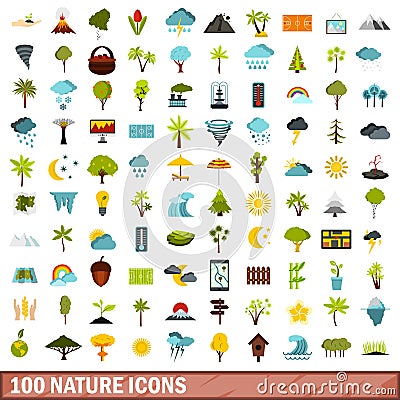 100 nature icons set, flat style Vector Illustration