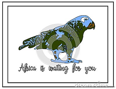 Nature illustration. Post card. Animals from the jungle. Parrot in the zoo. Africa is waiting for you. Vector Illustration