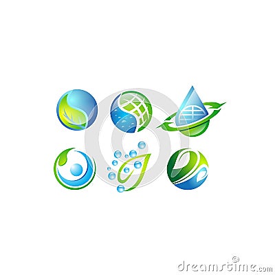 Water, leaf, green, blue, globe, circle, earth, recycle, healthy isolated in stock illustration vector set. Cartoon Illustration