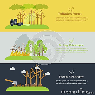 Nature issue deforestation, fire tree and pollution banner flat style design concept. Template for website Vector Illustration