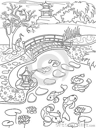 Nature of Japan coloring book for children cartoon. Japanese garden vector illustration Vector Illustration