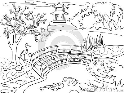 Nature of Japan coloring book for children cartoon. Japanese garden vector illustration Vector Illustration