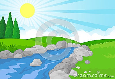 Nature landscape background with green meadow, mountain and river Vector Illustration