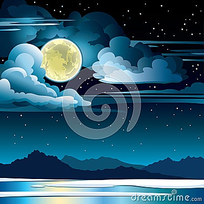 Nature landscape with full moon and clouds on a starry night sky and frozen lake with silhouette of mountains. Winter vector Cartoon Illustration