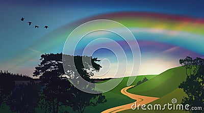 Rainbow over green field Vector Illustration